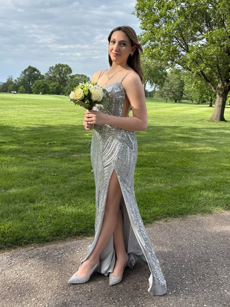 Sequin Pattern Plunging V-Neck Prom Dress with Slit