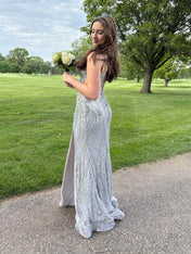 Sequin Pattern Plunging V-Neck Prom Dress with Slit