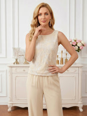 Sequin Patterned Round Neck Sleeveless Straight-Leg  Mother of the Bride Pant Set