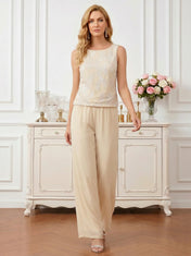 Sequin Patterned Round Neck Sleeveless Straight-Leg  Mother of the Bride Pant Set
