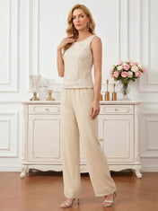 Sequin Patterned Round Neck Sleeveless Straight-Leg  Mother of the Bride Pant Set
