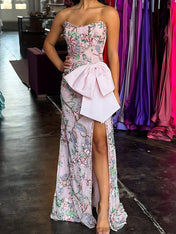 Sequin Floral Oversized Satin Bow Prom Dress with High Slit