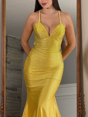 Blue Sequin V Neck Long Mermaid Prom Dress