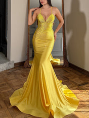 Blue Sequin V Neck Long Mermaid Prom Dress