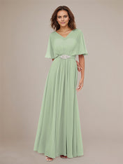 Dusty Sage V Neck Short Sleeves Pleated Floor-Length Chiffon Bridesmaid Dress
