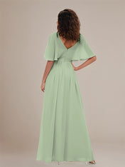 Dusty Sage V Neck Short Sleeves Pleated Floor-Length Chiffon Bridesmaid Dress