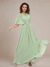 Dusty Sage V Neck Short Sleeves Pleated Floor-Length Chiffon Bridesmaid Dress