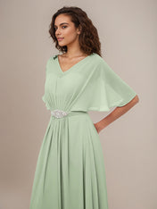 Dusty Sage V Neck Short Sleeves Pleated Floor-Length Chiffon Bridesmaid Dress