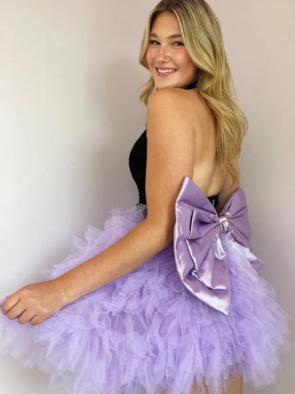 Black Purple A-Line V-Neck Open Back Short Tulle Homecoming Dress