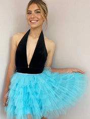 Black Purple A-Line V-Neck Open Back Short Tulle Homecoming Dress