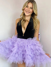 Black Purple A-Line V-Neck Open Back Short Tulle Homecoming Dress