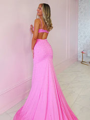 Glitter Pink Mermaid Spaghetti Straps Corset Long Prom Dress with Beading