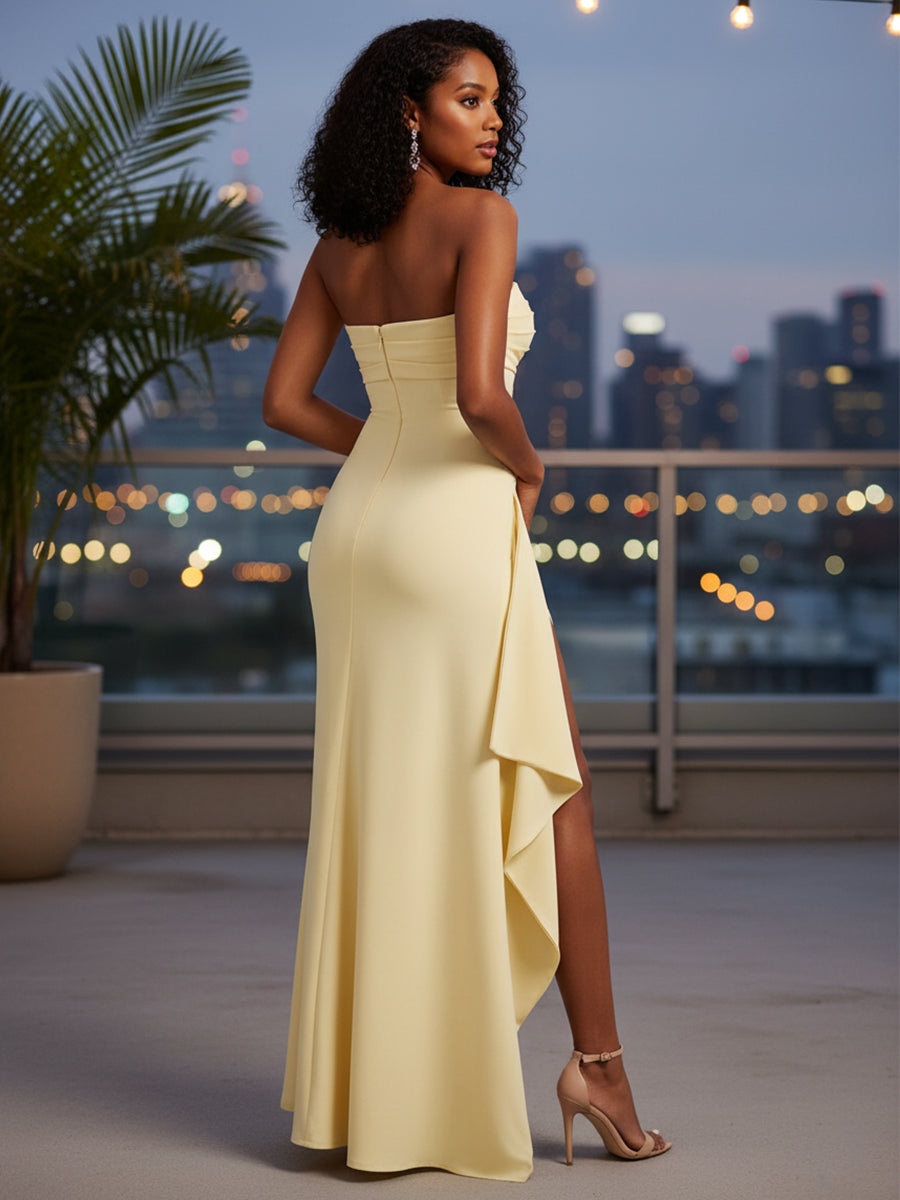 Sheath/Column Strapless Pleated Ruffle Bridesmaid Dresses with Slit