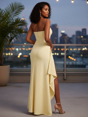 Sheath/Column Strapless Pleated Ruffle Bridesmaid Dresses with Slit