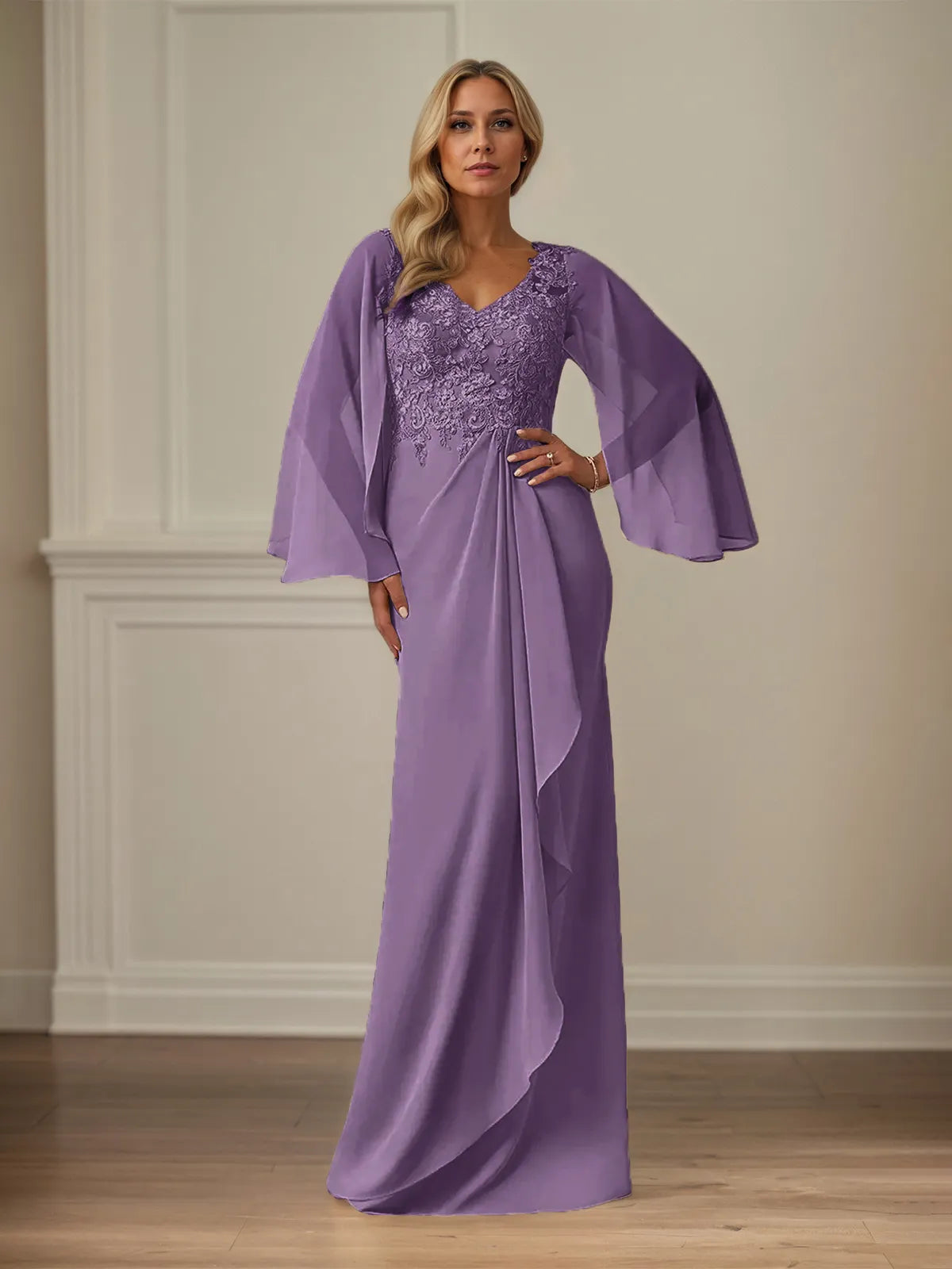 Column Chiffon V Neck Long Sleeves Floor Length Mother of the Bride Dresses With Appliques