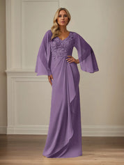 Sheath/Column Chiffon V Neck Long Sleeves Floor Length Mother of the Bride Dresses With Appliques