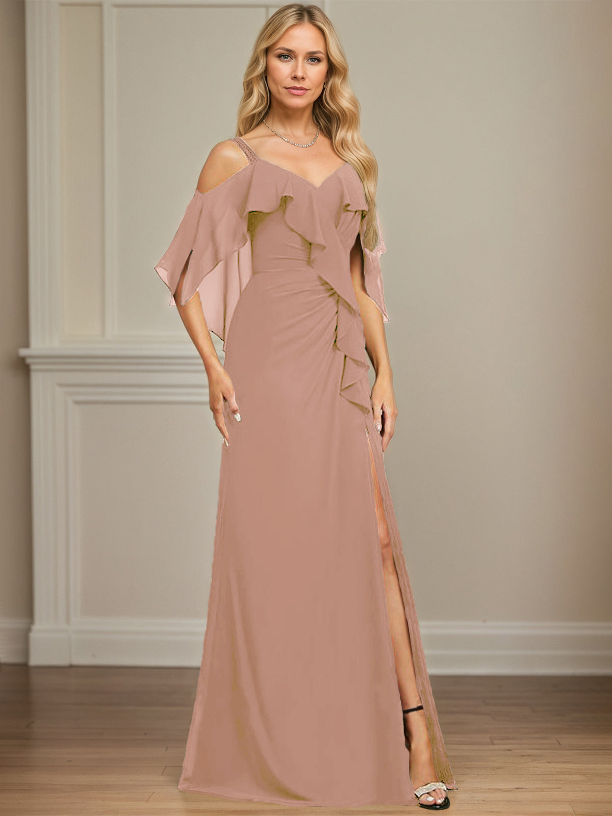 Column Cold Shoulder V-Neck Floor-Length Chiffon Dress With Cascading Ruffles Sequins Beading