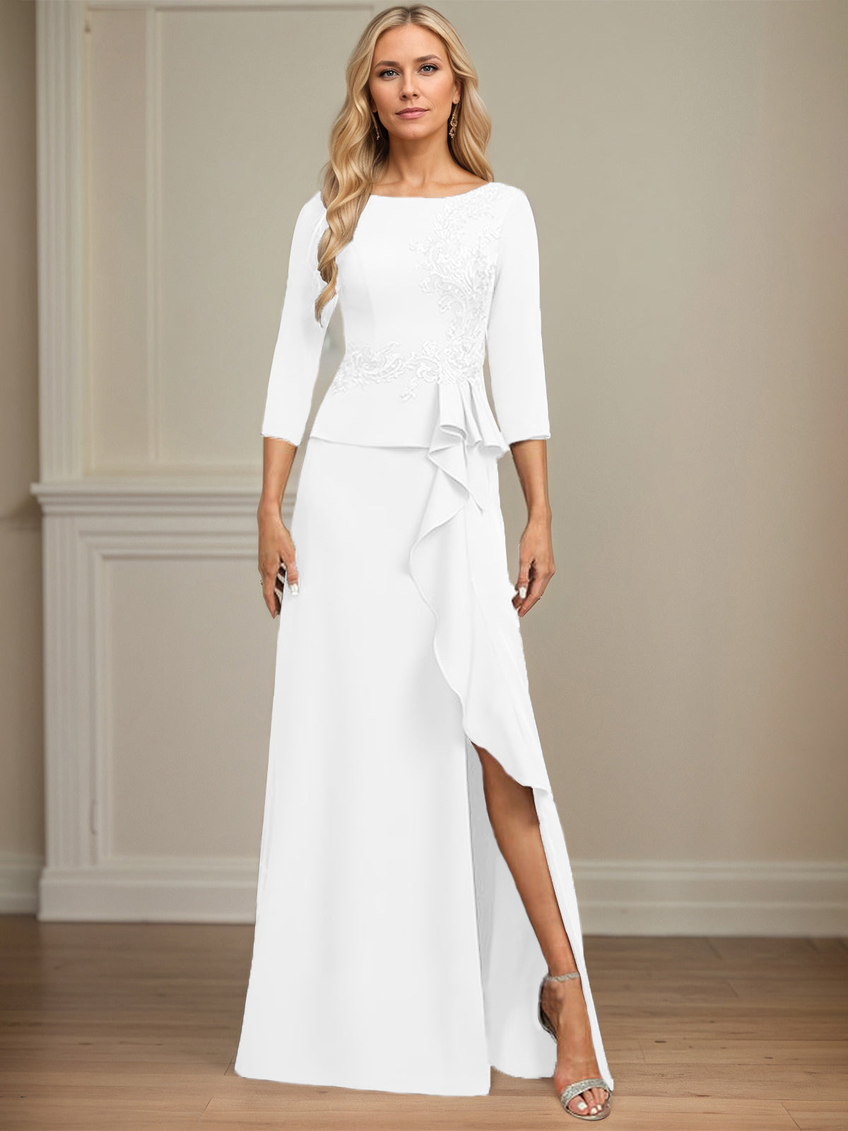 Column Scoop Floor-Length Stretch Crepe Dress With Cascading Ruffles Appliques