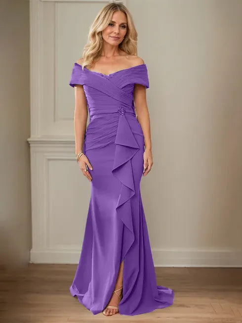 Column V-Neck Illusion Floor-Length Lace Chiffon Mother of the Bride Dress With Pleated Sequins