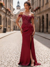 Sheath Off-The-Shoulder Appliques Lace Corset Prom Dress with Slit