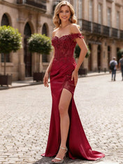 Sheath Off-The-Shoulder Appliques Lace Corset Prom Dress with Slit