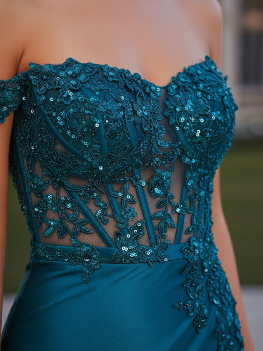 Sheath Off-the-Shoulder Appliques Lace Corset Prom Dress