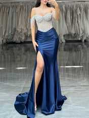 Sheath Off-the-Shoulder Rhinestone Satin Corset Prom Dress