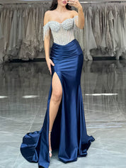 Sheath Off-the-Shoulder Rhinestone Satin Corset Prom Dress