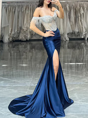 Sheath Off-the-Shoulder Rhinestone Satin Corset Prom Dress