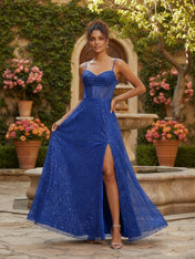 Sheath Spaghetti Straps Corset Long Prom Dress with Slit