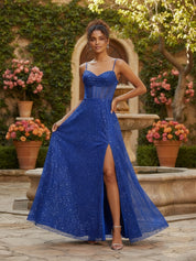 Sheath Spaghetti Straps Corset Long Prom Dress with Slit