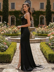 Sheath Spaghetti Straps Pleated Corset Long Prom Dress