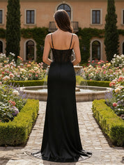 Sheath Spaghetti Straps Pleated Corset Long Prom Dress