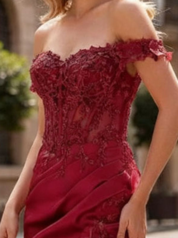 Sheath Off-The-Shoulder Appliques Lace Corset Prom Dress with Slit