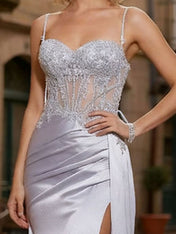 Sheath Spaghetti Straps Appliques Lace Satin Corset Prom Dress with Slit