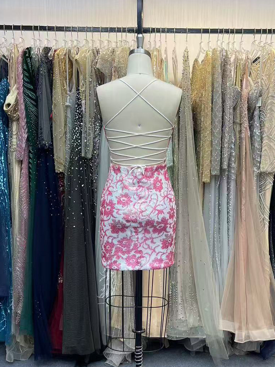 Sheath Spaghetti Straps Sequins Short Homecoming Dress