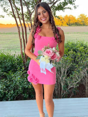 Sheath Square Neck Short Homecoming Dress with 3D Flowers