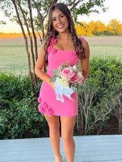 Sheath Square Neck Short Homecoming Dress with 3D Flowers