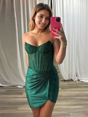 Sheath Strapless Corset Dark Green Homecoming Dress with Beading