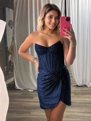 Sheath Strapless Corset Navy Homecoming Dress with Beading
