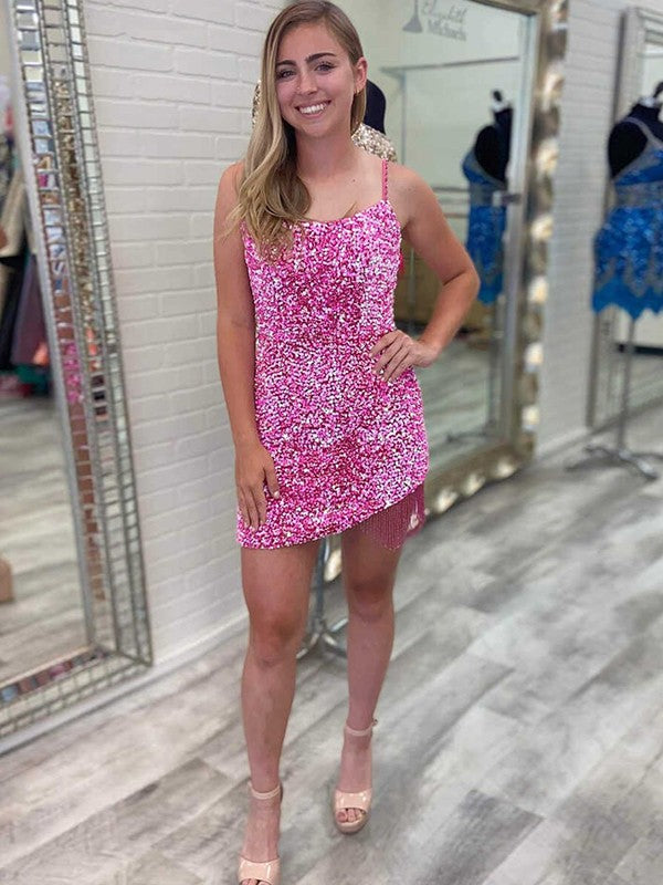 Royal Blue Fitted Spaghetti Straps Short Sequin Homecoming Dress