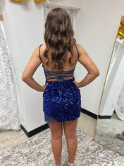 Dreamylily Women Royal Blue Fitted Spaghetti Straps Short Sequin Homecoming  Dress