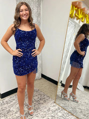 Royal Blue Fitted Spaghetti Straps Short Sequin Homecoming Dress