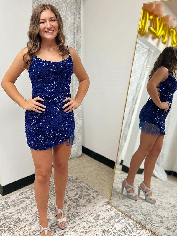 Royal Blue Fitted Spaghetti Straps Short Sequin Homecoming Dress