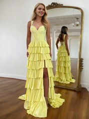 Show-Stopper Yellow Tiered Prom Dress with Beaded Bodice