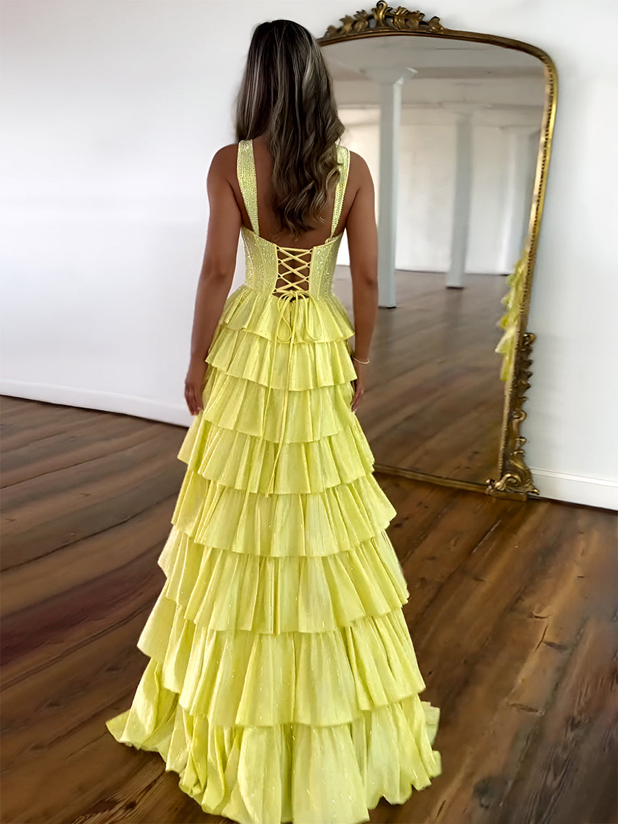 Show-Stopper Yellow Tiered Prom Dress with Beaded Bodice