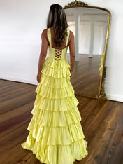 Show-Stopper Yellow Tiered Prom Dress with Beaded Bodice