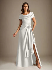 A-Line Scoop Floor-Length Stretch Satin Mother of the Bride Dress With Cascading Ruffles