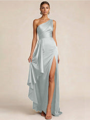 Sleek Foraml Evening Gown Midnight Navy One-Shoulder Satin Slit Maxi Dress