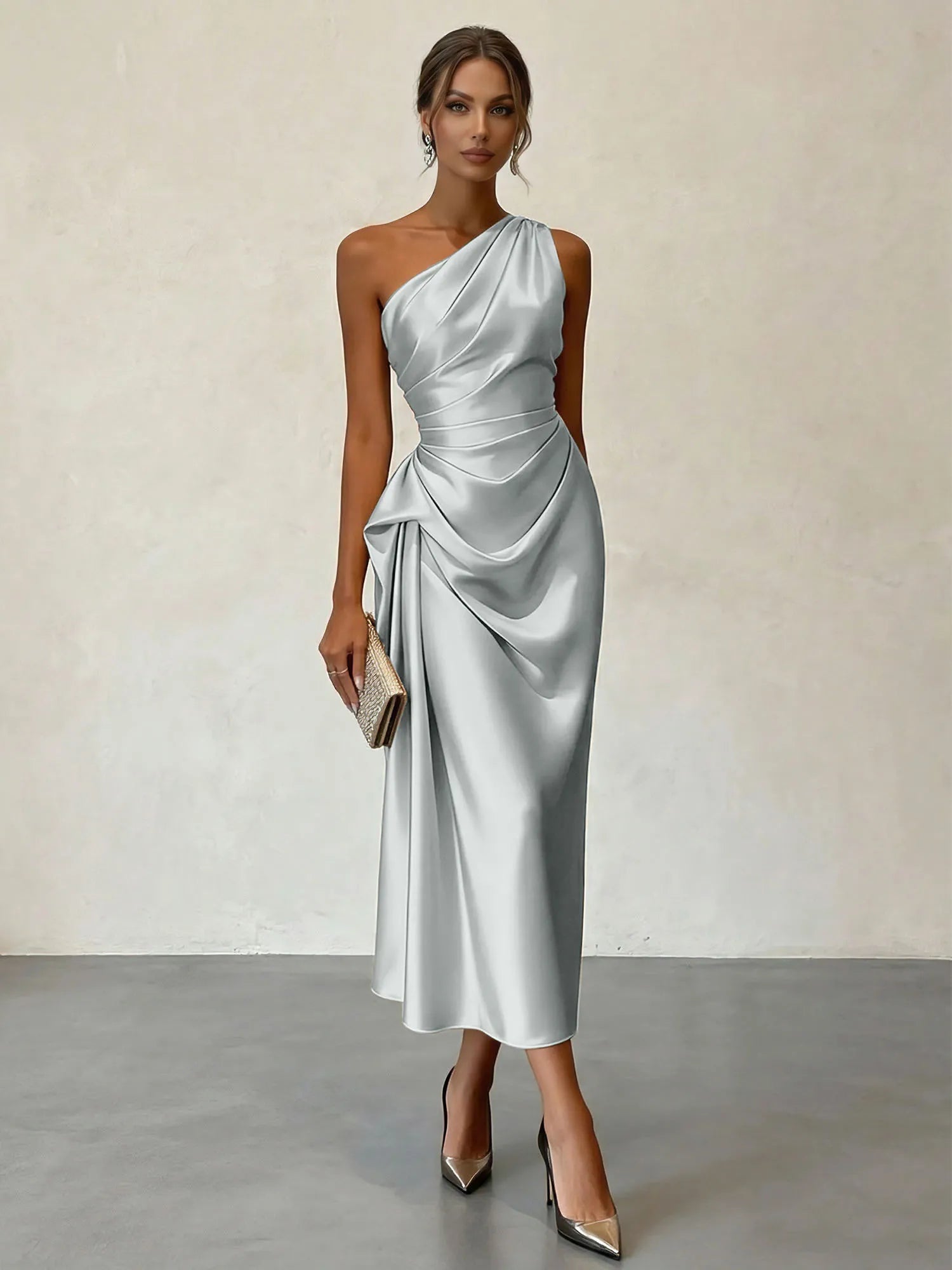 Champagne Ruched Satin One Shoulder Sleeveless Sheath Midi Dress